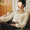 Ourier Cream Apricot Lace Chiffon blouse for Women's Early Autumn 2025 New French brushed square neck mini blouse Specification image